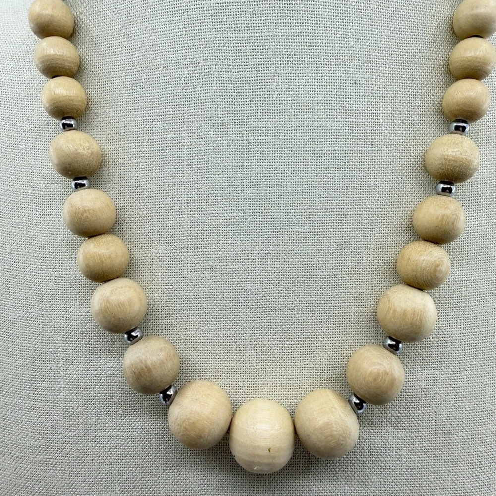 Natural Wood Bead Necklace Silver Tone Spacers Chunky Boho Statement Jewelry
